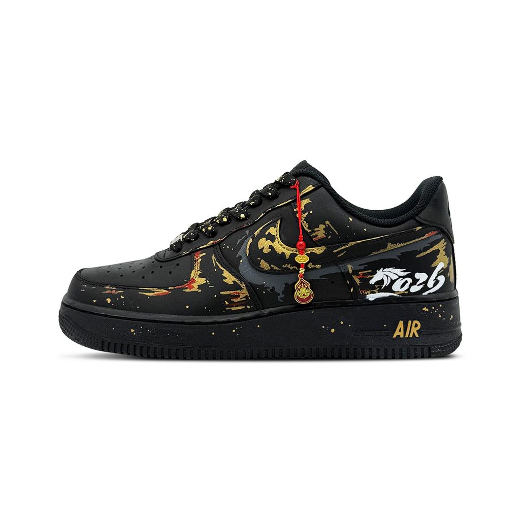 Nike Air Force 1 Golden Horse Brings Fortune Abrasion Resistant Low top Skateboard Shoes Unisex Black Gold CW2288-001(Team827-)