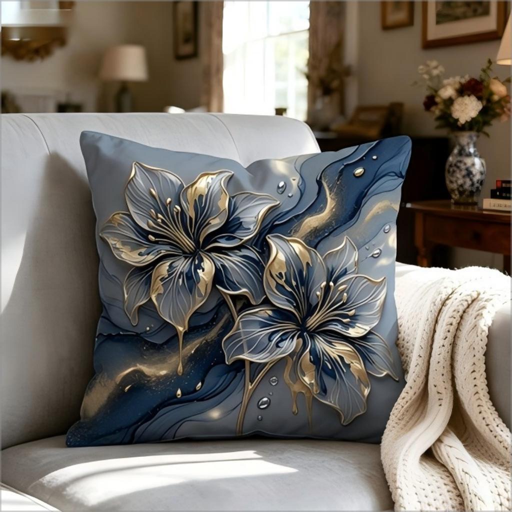 Luxury Blue Gold Lily Floral Print Throw Pillow Cover, Marble Fluid Art Style Decorative Cushion For Living Room Bedroom Sofa
