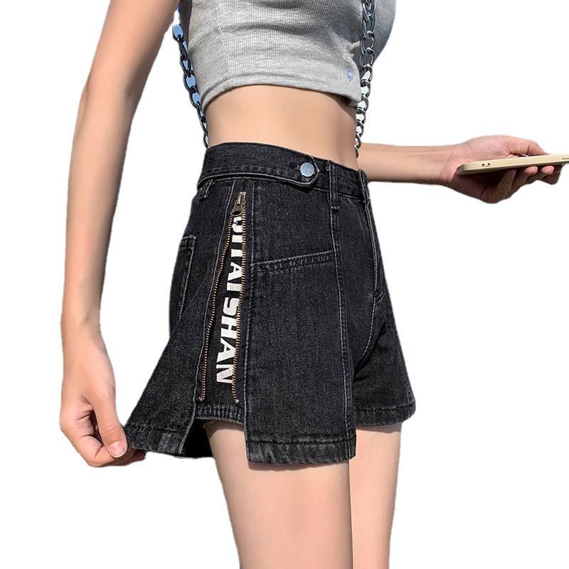 Youthful Comfortable Skinny Fashionable and Versatile Thin Section Denim Shorts Women Summer Side Zipper Straight High Waist A Letter Wide Leg Pants