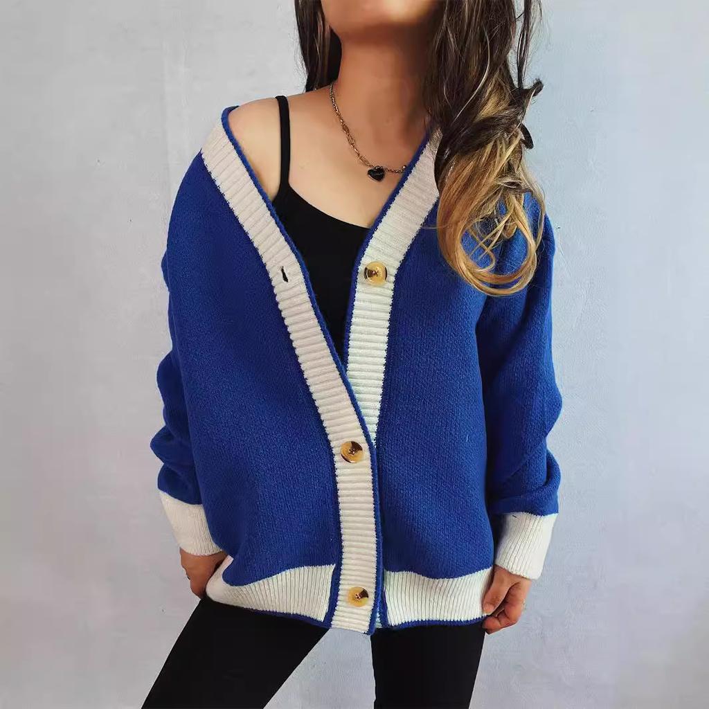 New Autumn and Winter Contrasting Cardigan Sweater, Street Style Loose Knit Sweater 3566 EMA