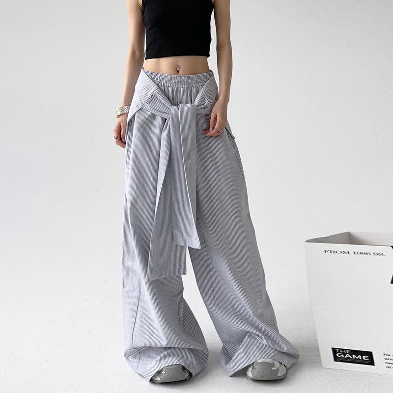 

INS Ленивый Стиль Полосатые Многослойные Широкие Брюки с Завязками с Высокой Посадкой Повседневные Брюки в Пол Double Extra Large серый