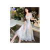 Womens Blue Floral Print A-Line Midi Dress With Square Neck Waist Tie Lightweight Chiffon Casual Wear