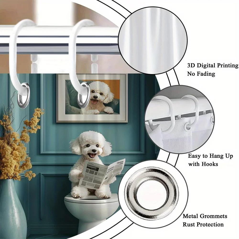 Poodle Shower Curtain - White Dog Reads Newspaper, Modern Bath, Polyester, 12 Hooks, Machine Washable, Humorous Decor