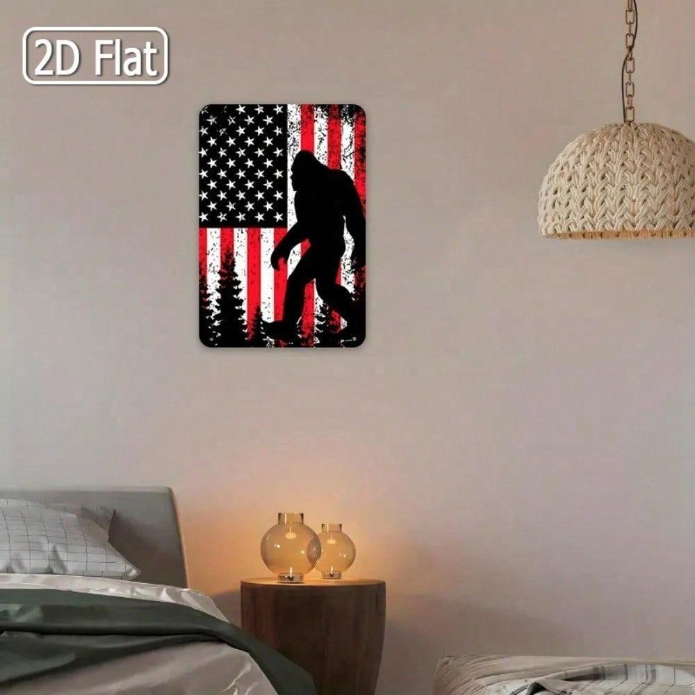 Bigfoot Metal Tin Sign American Flag Rustic Wall Decor Man Cave Gift