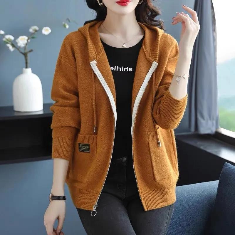 Women's Spring/Fall Hooded Sweater Jacket Flattering Loose-Fit Knit Cardigan