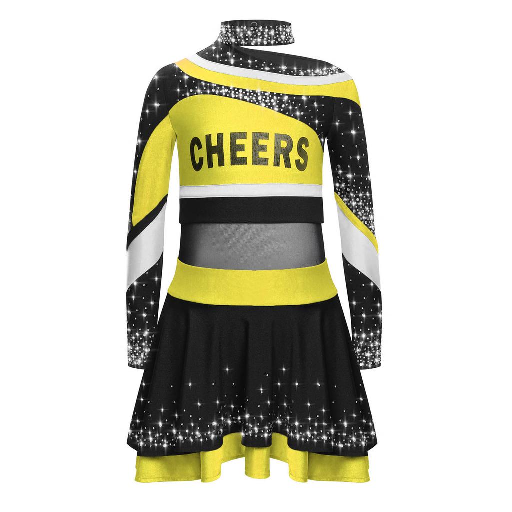 Costum Fete Performanță Scenă Mânecă Lungă Imprimeu Litere Strassuri Sclipitoare Bloc de Culoare Set Majorete