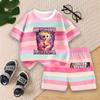 Boys Summer Striped Outfit Set Kids Cartoon Animal Print Short Sleeve T-shirt and Shorts for Play Outdoor