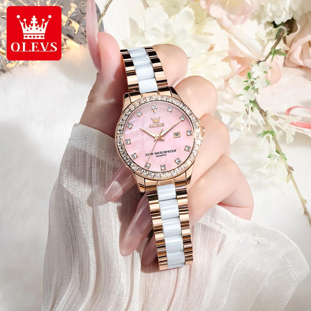 OLEVS Quartz Wristwatch Elegant Luxury Ceramics Strap Waterproof Auto Date Diamond Bezel Watch for Women