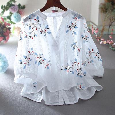 Lace Embroidered V-Neck Slimming Shirt for Women - Summer Casual, High-Waisted, Medium Sleeve