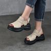 Johnature Sandálias Leves de Sola Grossa com Peep Toe Versátil Casual Couro Genuíno Sola Macia Sapatos Femininos