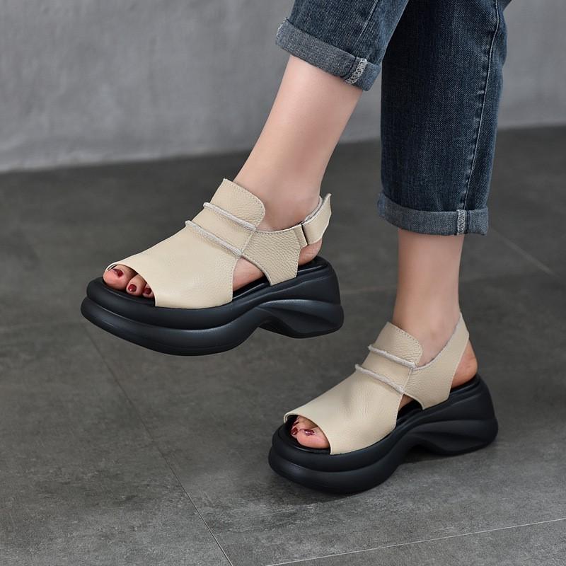 Johnature Sandálias Leves de Sola Grossa com Peep Toe Versátil Casual Couro Genuíno Sola Macia Sapatos Femininos