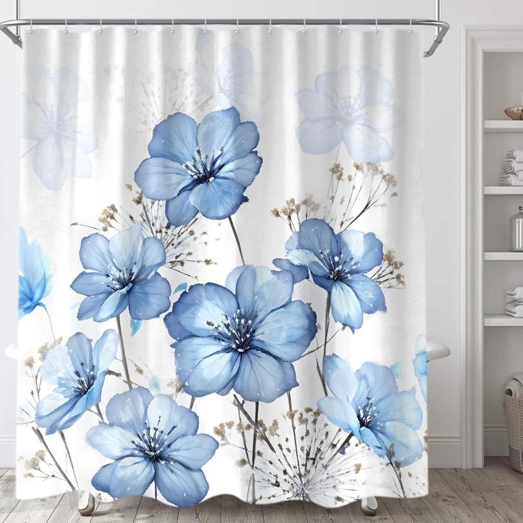 1PC Watercolor Flowers Printed Shower Curtain, Waterproof and Washable, With 12Hooks, Suitable for Bathroom Shower, Bathtub
