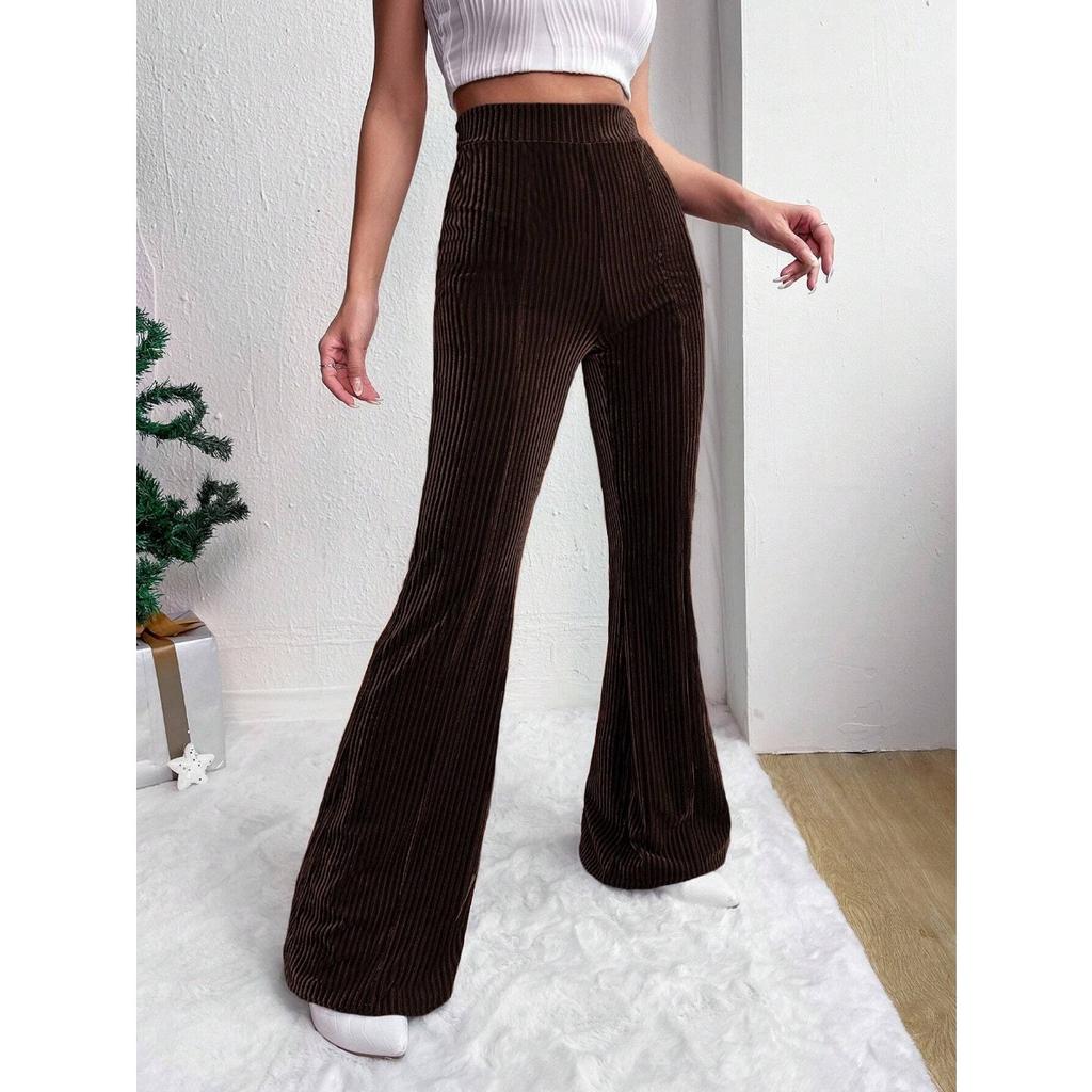 Ladies, High Waisted, Corduroy, Flared Pants, Solid Color, Casual Pants, Wide Leg Pants, Long Pants