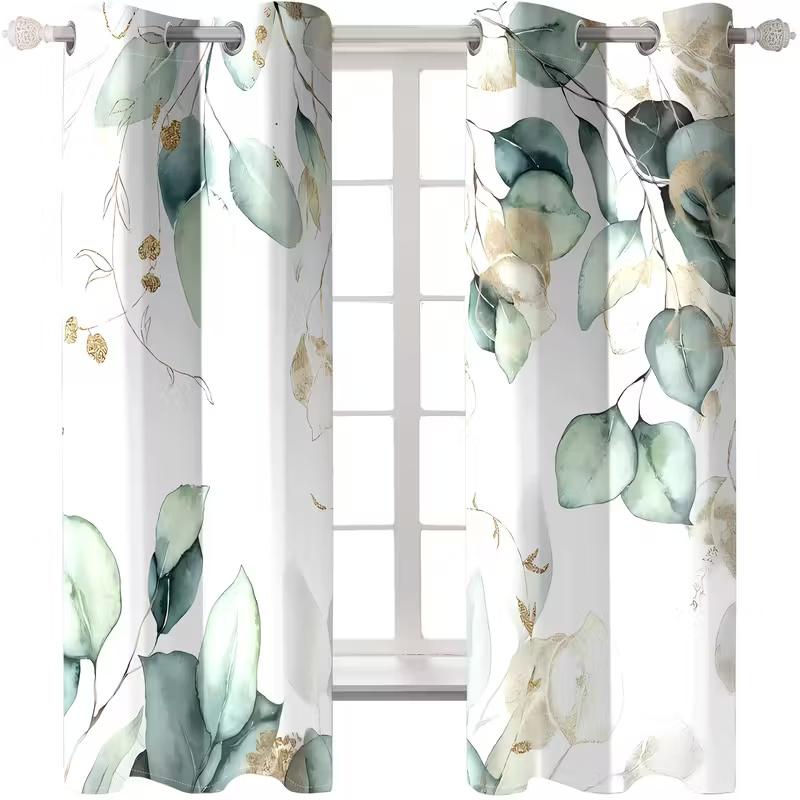 2 Pcs Green Leaves Print Curtains  Suitable for Bedroom  Living Room Kitchen Decoration  Home Decoration  Window Decoration