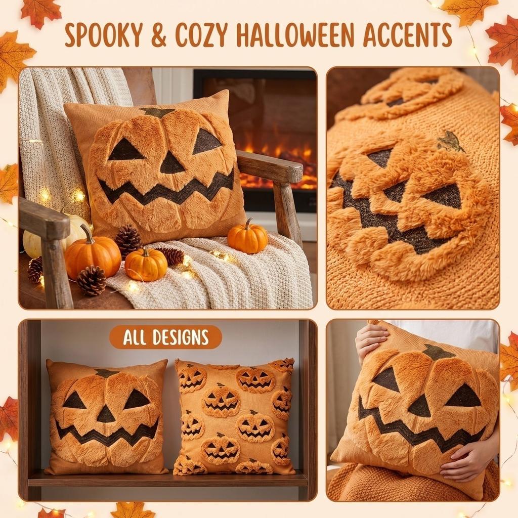Halloween Pumpkin Pillow Cover Soft Plush Decorative Cushion Case for Sofa Chair Home Seasonal Decoration 18x18 Inches Durable Material