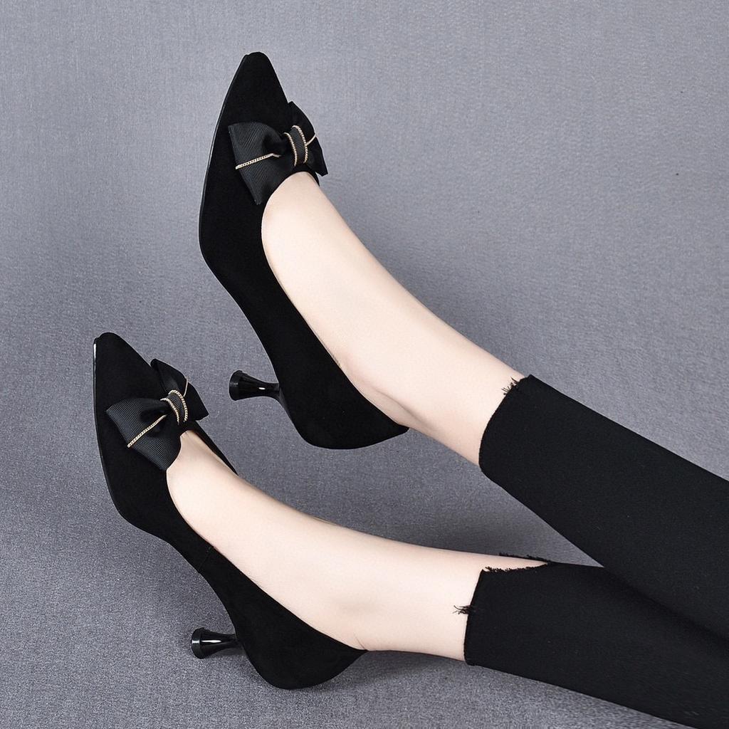 Pointed high heels spring new bow light mouth one pedal sheepskin fashion shoes black single shoes