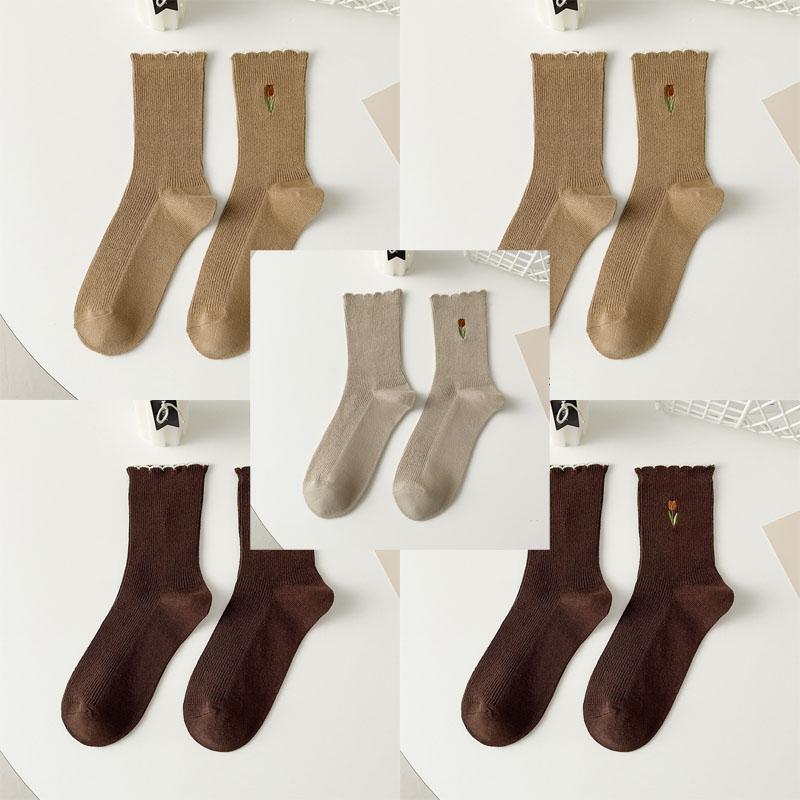 

5 пар женских вышитых хлопковых носков средней длины, весенние и летние, тонкие, дышащие, повседневные женские носки с цветочным принтом в студенческом стиле 5 Pairs