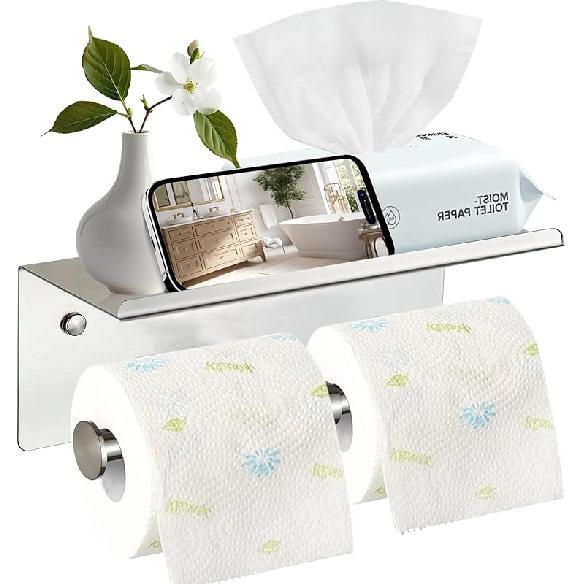 Toilet Paper Holder with Shelf Wall Mounted Toilet Paper Storage Double Roll Tissue Holder Dispenser Bathroom Toilet Paper Holder Matte Black серебряный 7440₽