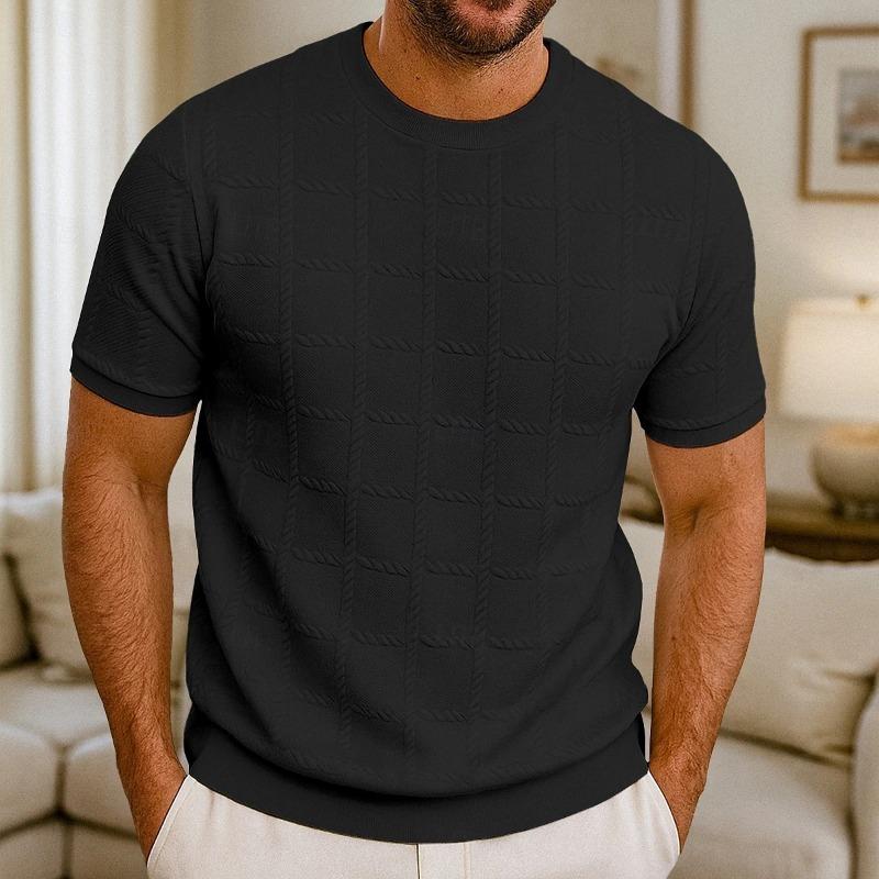 Camiseta Masculina Europeia Americana de Manga Curta Suéter Jacquard Gola Redonda Pulôver Canelado