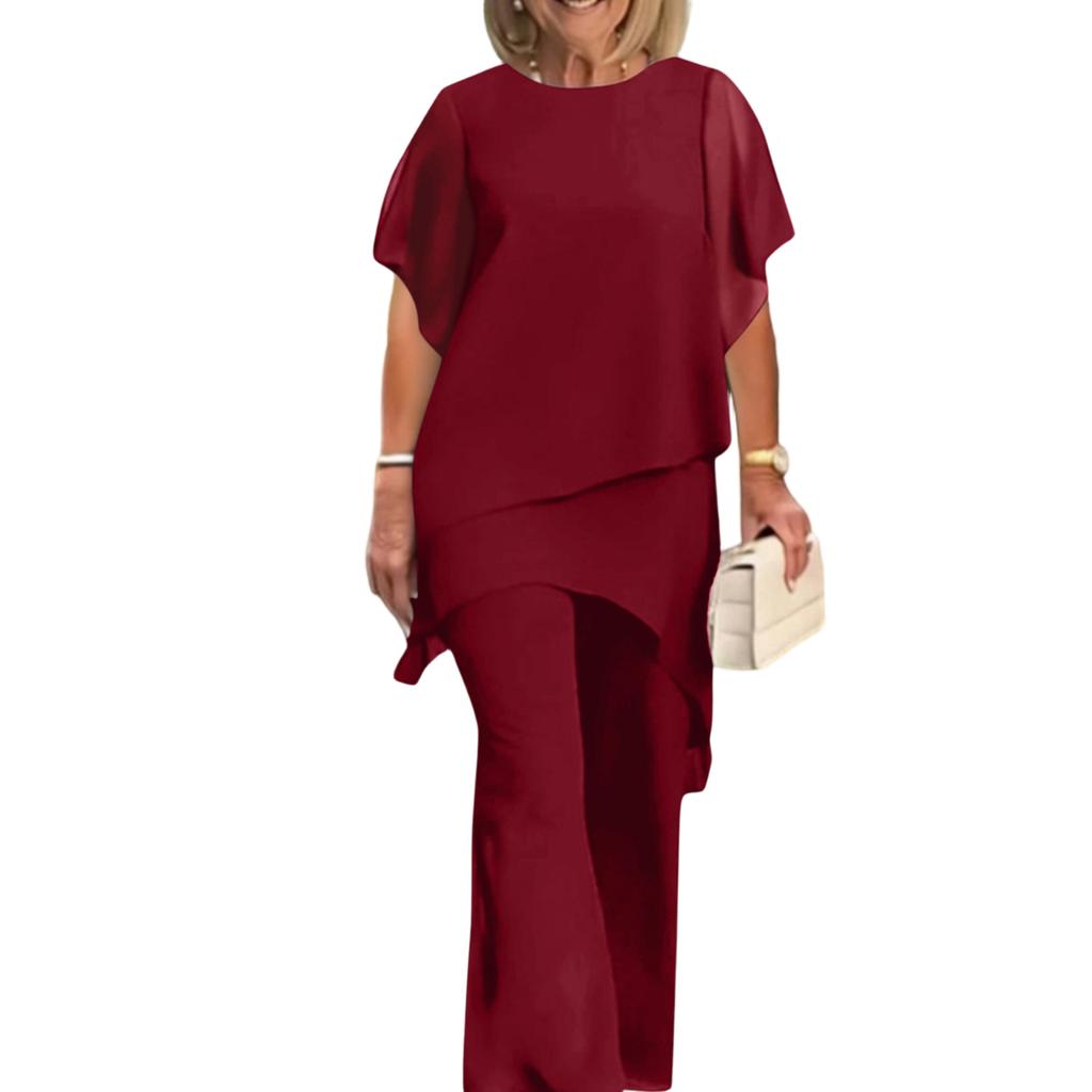 Women's Fashion Casual Solid Color Loose Fit Asymmetric Hem Two Piece Set Top and Pants Lightweight Comfortable Outfit for Daily Wear