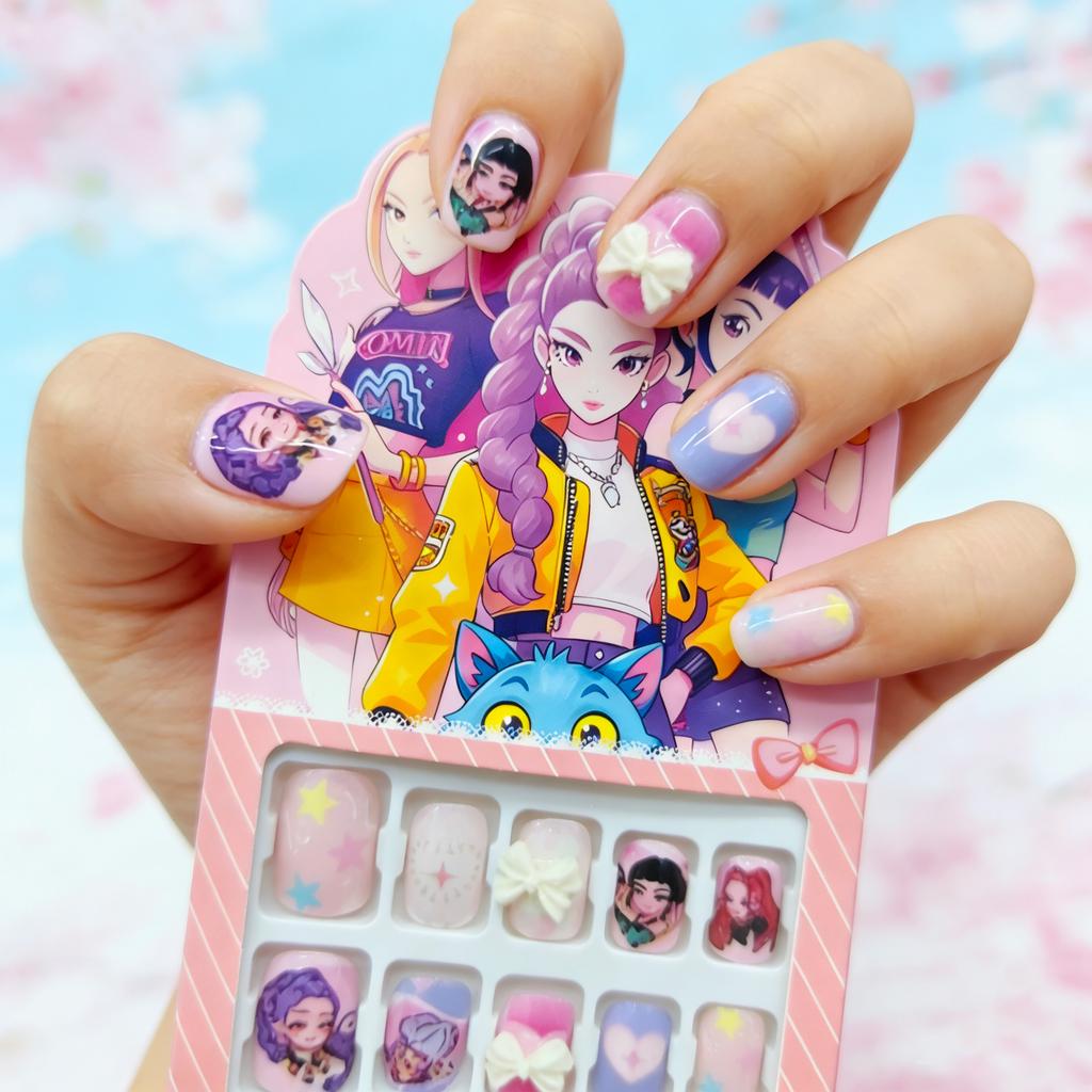 K-Pop Demon Hunter Anime Press-On Nails DIY Plastic Manicure Set for Kids Girls Perfect Festival Gift