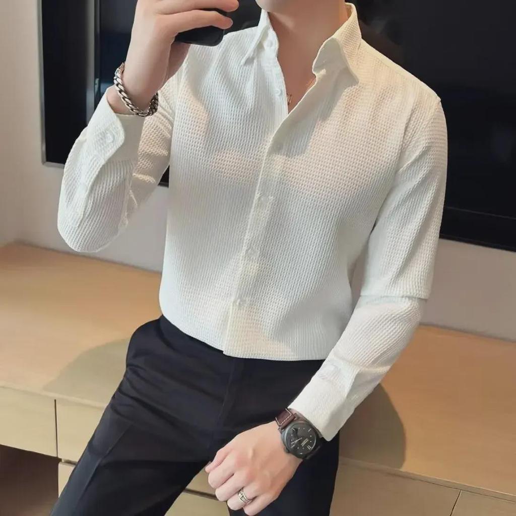 "Men's Long Sleeve High-End Waffle Shirt - French Business Fashion for Spring & Autumn"