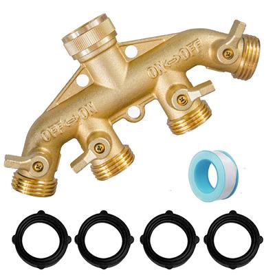Mosiężny rozdzielacz do węża ogrodowego (4 sposób), Złącze węża z litego mosiądzu 3/4 ", adapter czopowy węża 4 zawory z 4 dodatkowymi gumowymi podkładkami