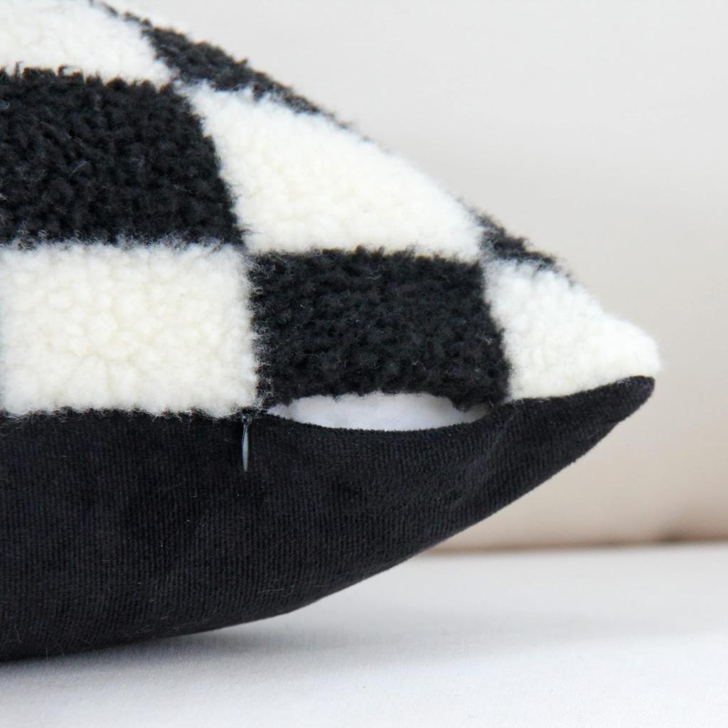 Housse de coussin jeté en laine imitation fourrure noire Housse de coussin à carreaux pour canapé salon Polyester Coussin lombaire Décoration de maison