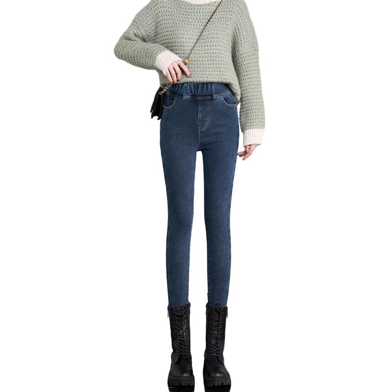 Women's Brushed Denim High-Waist Skinny Pants - Autumn/Winter 2023: Warm, Elastic, Thick Cotton