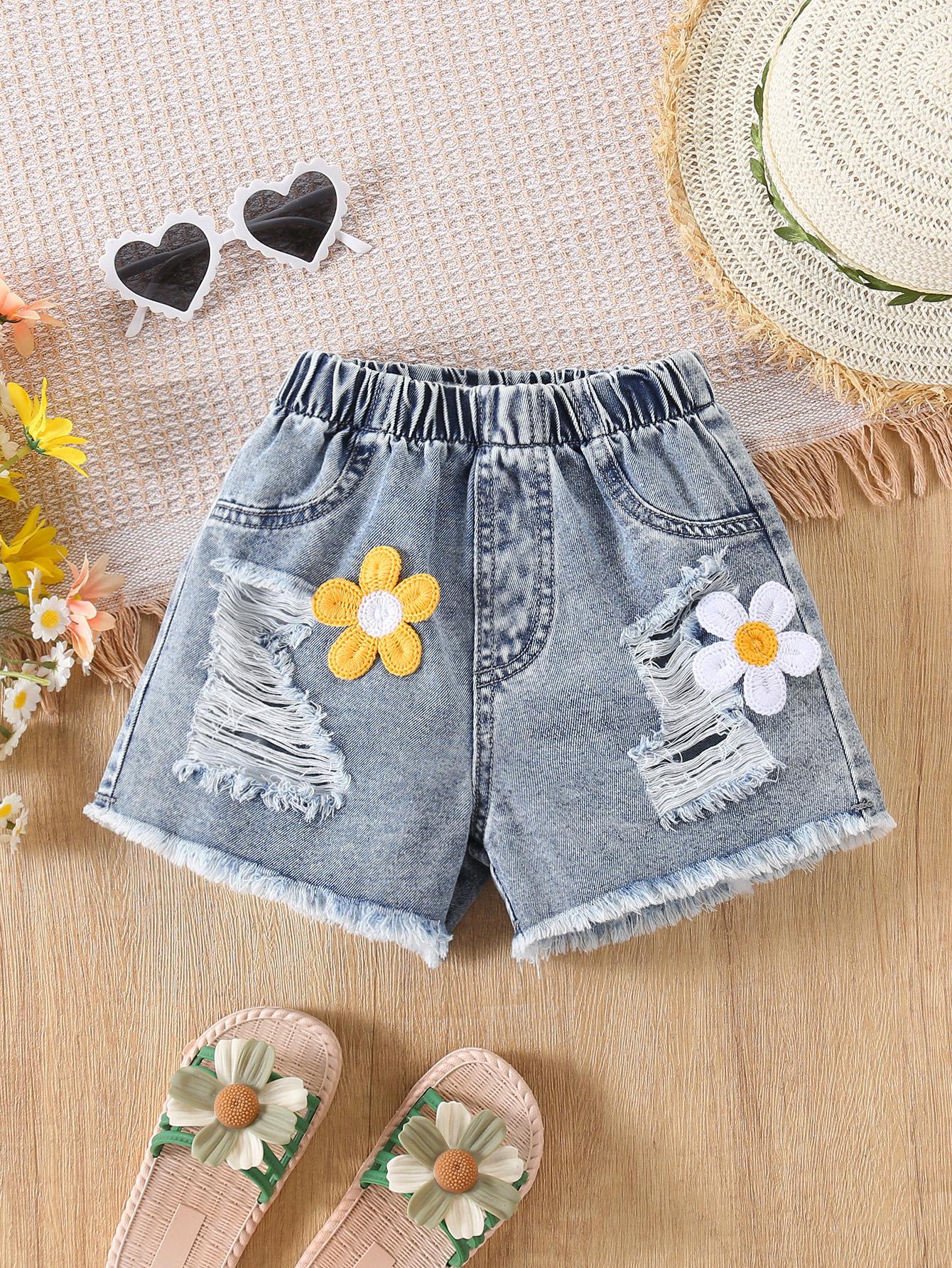 Single-piece girls casual Y2K style cute washed snowflake distressed frayed edges appliqué denim distressed jeanshorts spring/summer 2-3Y светло-синий