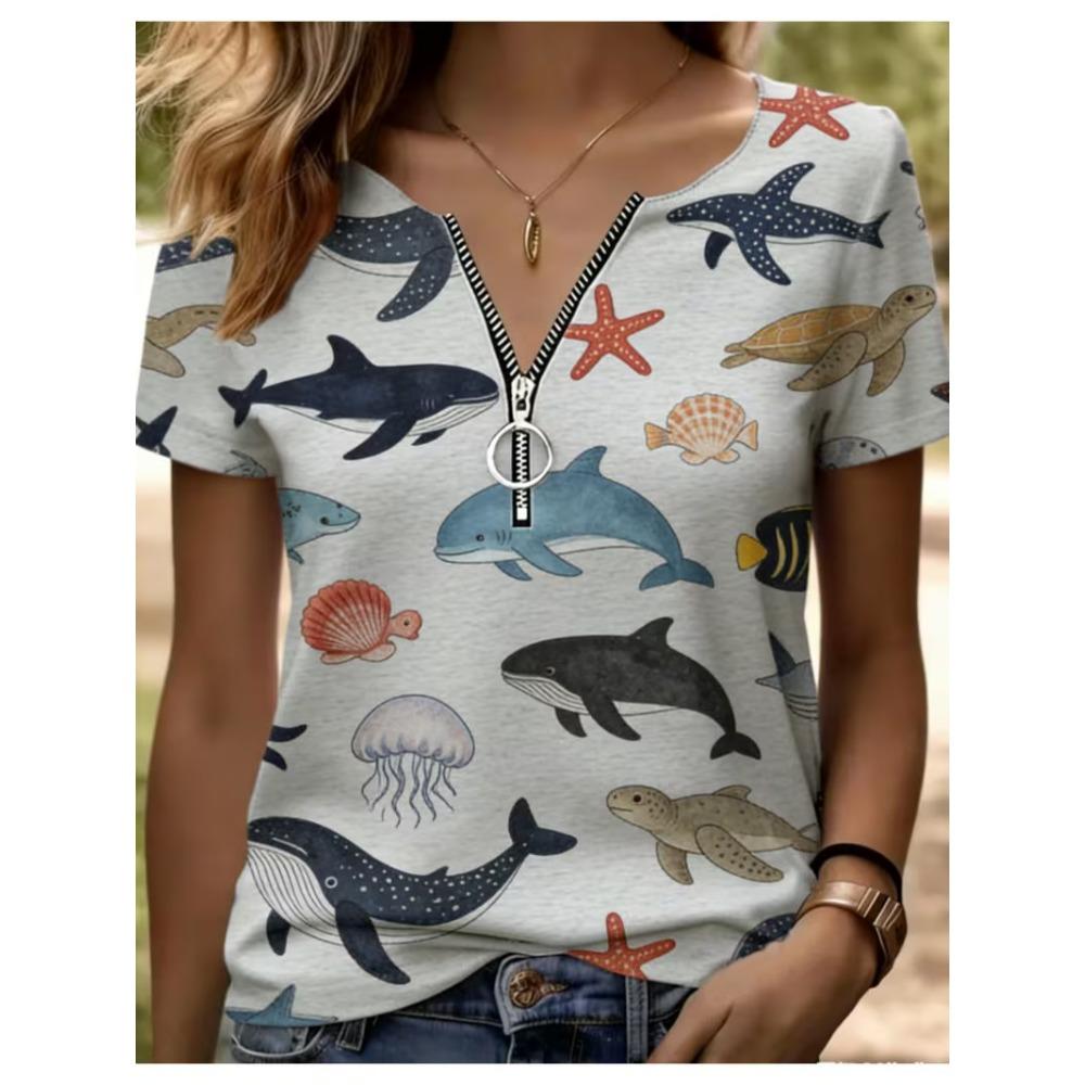 Summer Loose T-shirt Fashionable and Elegant Zipper V-neck Color Blocked Printed T-shirt Plus Size Women's Short Sleeved Shirt