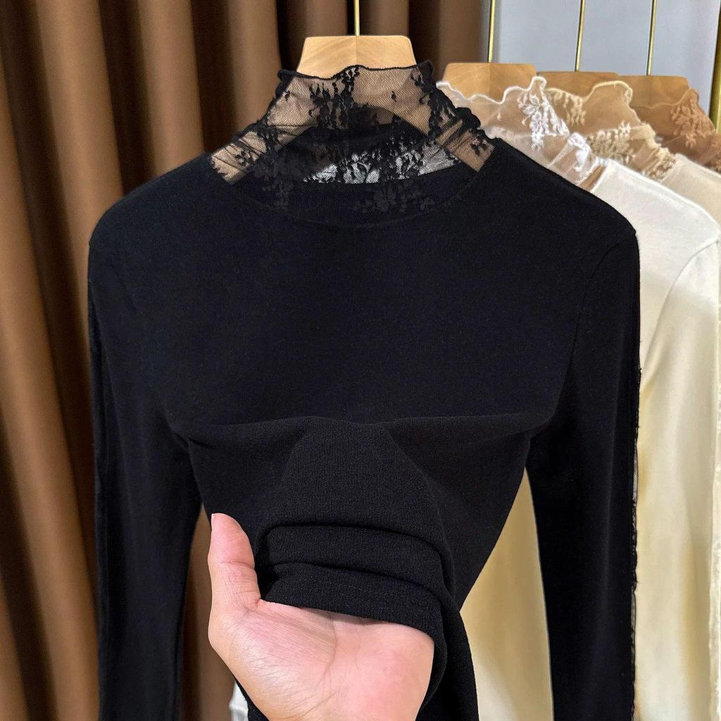 Damen Hochhals Spitzen-Patchwork Lagen-Langarm-T-Shirt für den frühen Herbst