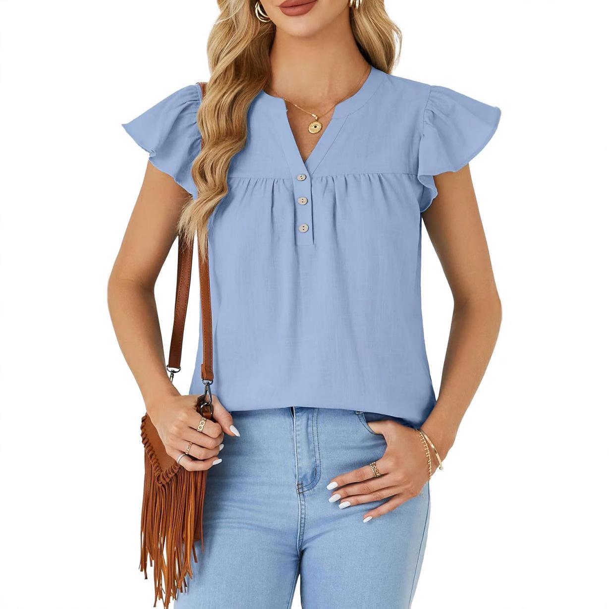 

2025 Summer Women s Solid Color V-Neck Ruffle Sleeve Loose T-Shirt Extra Large