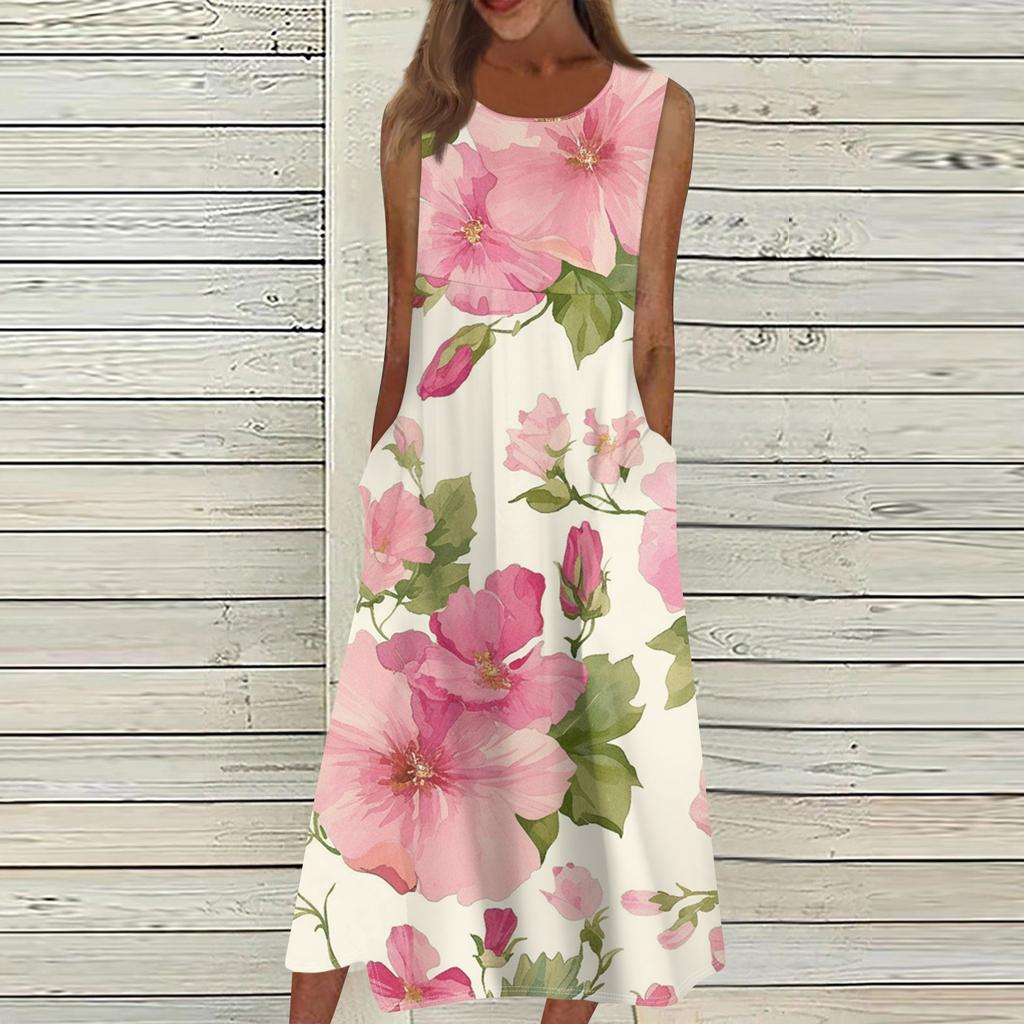 Lässige bedruckte Damenkleider mit Rundhalsausschnitt, Basic, klassisch, für den Alltag, ärmellos, lockere Kleider