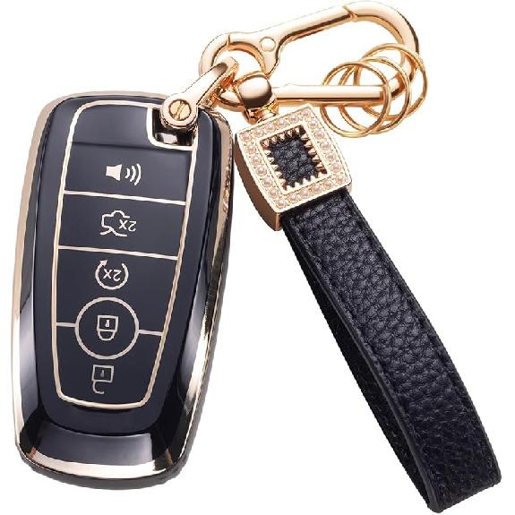 for Toyota Key Fob Cover with Leather Lanyard, Car Key Fob Case Compatible with 2018- Camry RAV4 Highlander Avalon C-HR Prius Corolla GT86 Smart Key