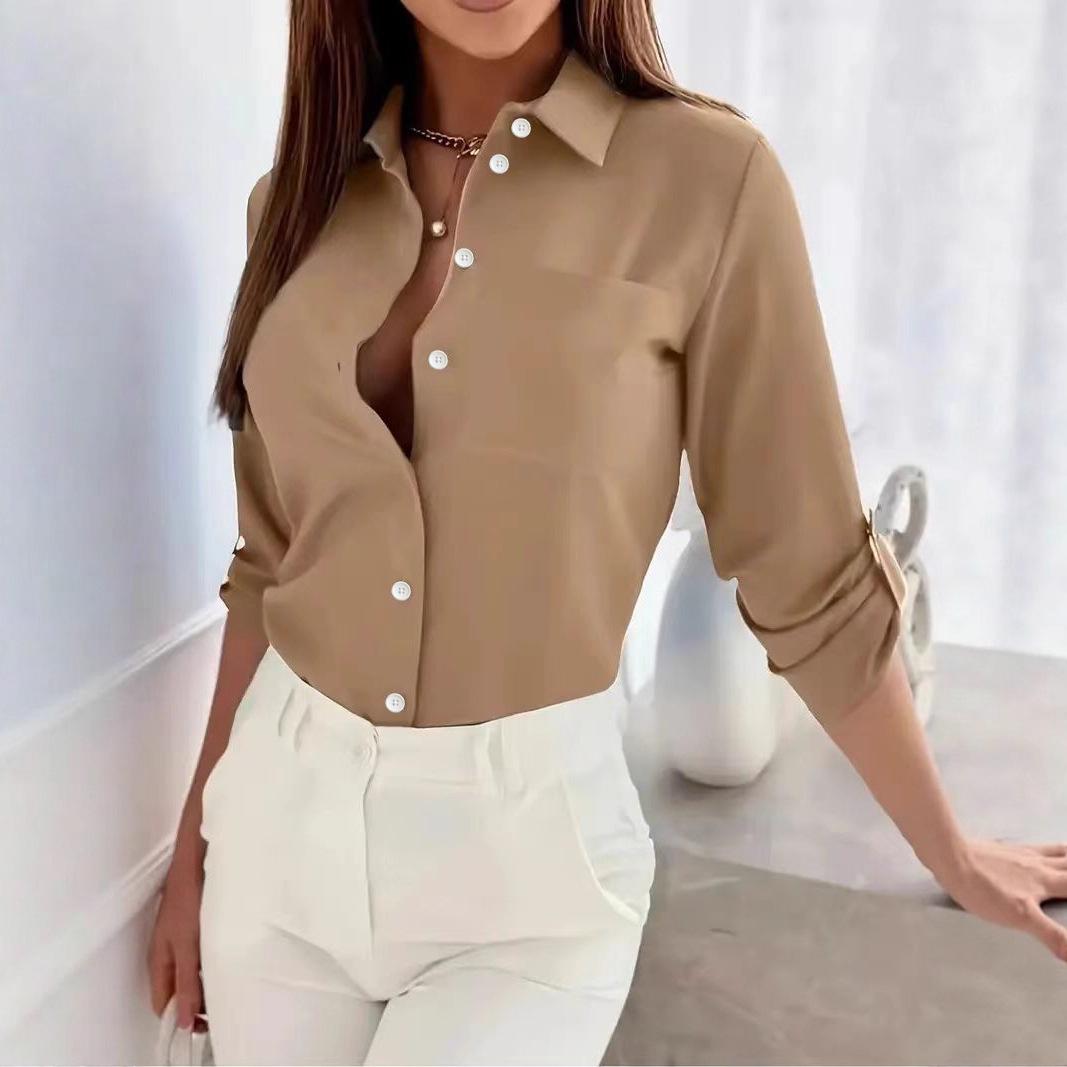 Women s Long-Sleeve Slimming Shirt: Formal OL V-Neck Top Large верблюд