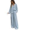 Women's Summer New European and American V-neck Wooden Button Loose Long-sleeve Top, Elastic Waist Wide-leg Pants Two-piece Set