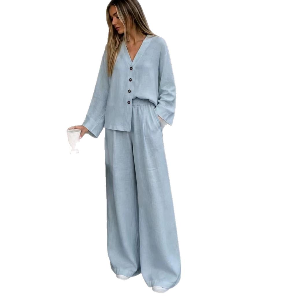 Women's Summer New European and American V-neck Wooden Button Loose Long-sleeve Top, Elastic Waist Wide-leg Pants Two-piece Set