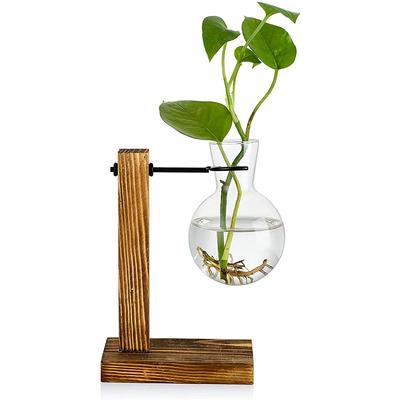 Transparente Vase für den Schreibtisch, Holzständer, Glas, klare Pflanzenvase für den Heimtisch, Schreibtisch, Innendekoration
