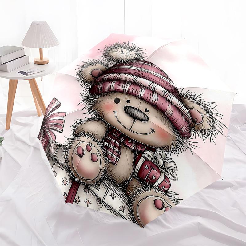 1pc Christmas Gift Winter Teddy Bear with Presents, Festive Decoration for Fans, Travelers, Daily Use, Auto Open Close Umbrella with 3-Fold Design and