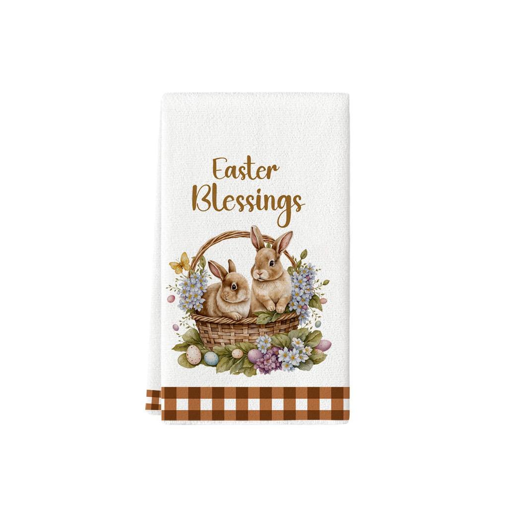 Easter Kitchen Towels with Watercolor Flowers, Rabbits, Eggs, and Tulips