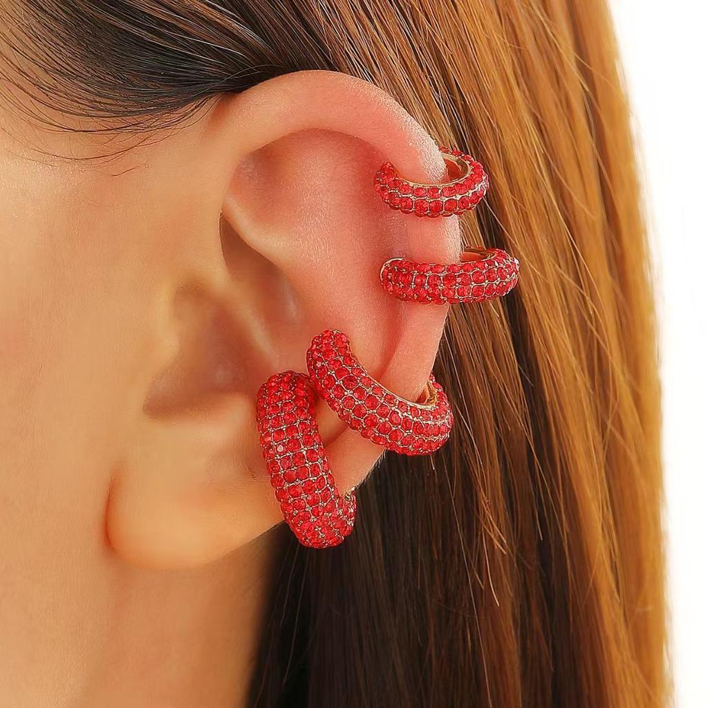 Retro Fashion C-Shaped Bling Ear Clips with Colored Diamonds - Trendy No-Pierce Earrings