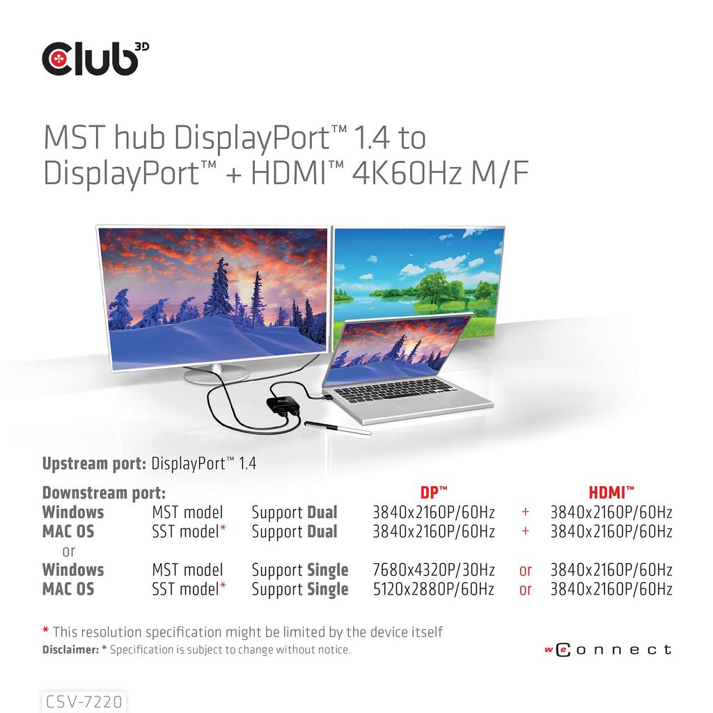 Club 3D MST Hub DisplayPort to DisplayPort HDMI 4K60Hz Dual Display Distribution Hub 1.4 + Male/Female (CSV-7220)