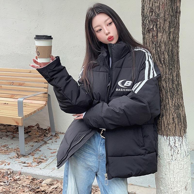 

2025 American print striped cotton clothes for women in autumn and winter thickened couples bread jackets for women S чёрный