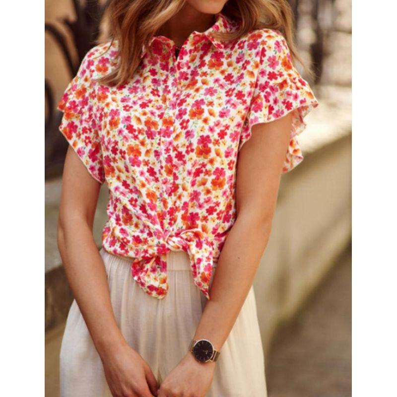 

Cross-Border Fashion Summer Commute Polo Collar Single-Breasted Floral Short Sleeve Shirt Top Women s Shirts Color 2 XL