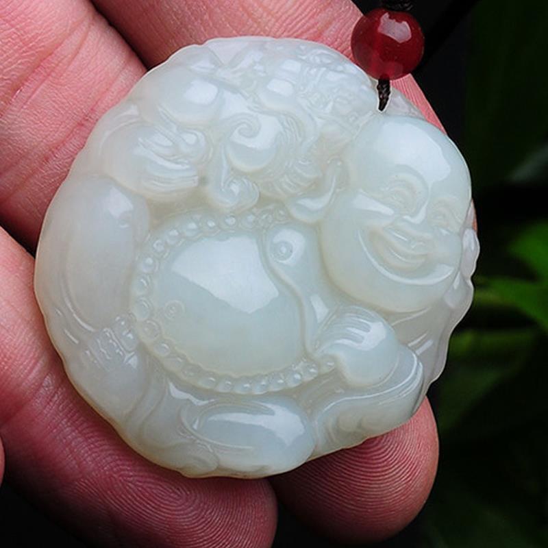 Natural Afghanistan White Jade Buddha Pendant Necklace