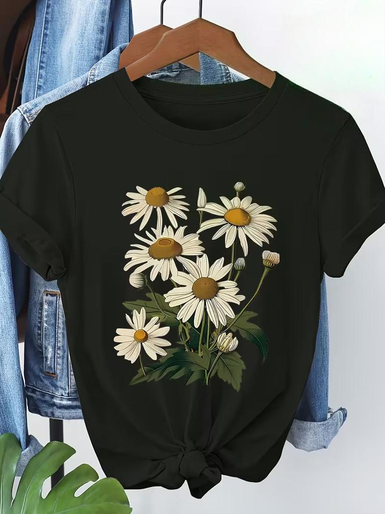 WomenS Casual DDaisy Print TShirt  Short Sleeve  White Daisies and Green Leaves Design Ladies T Shirts Daily Wear