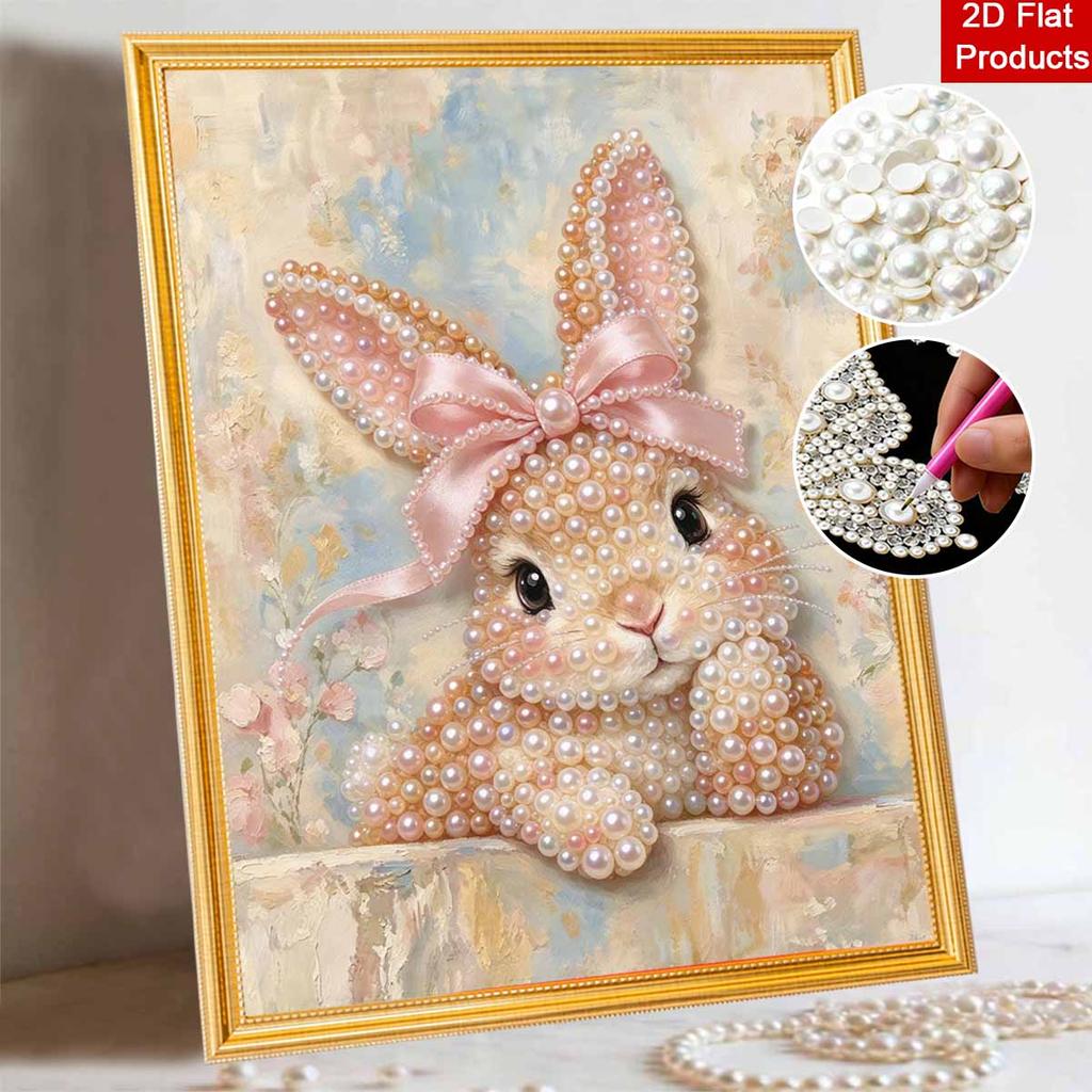 Cute Rabbit Pearl Art Canvas with Frame 3D Shiny Bead Painting Modern Room Decor Relaxing Handmade Craft Perfect Unique Gift Choice