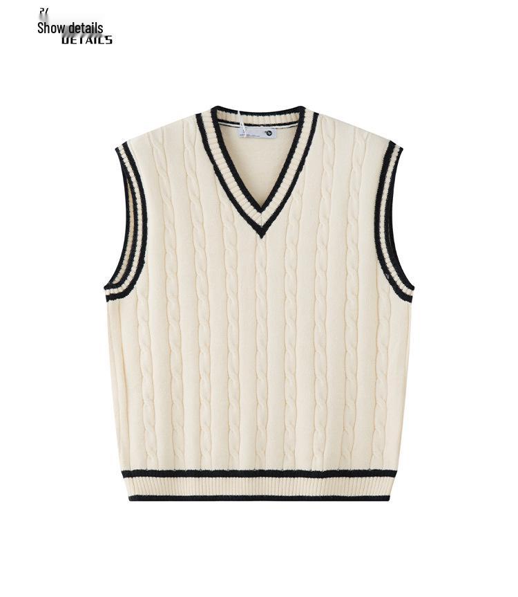 Unisex Retro Japanese Color Block V-neck Knit Vest, Basic Loose Sleeveless Sweater, Versatile Niche Style