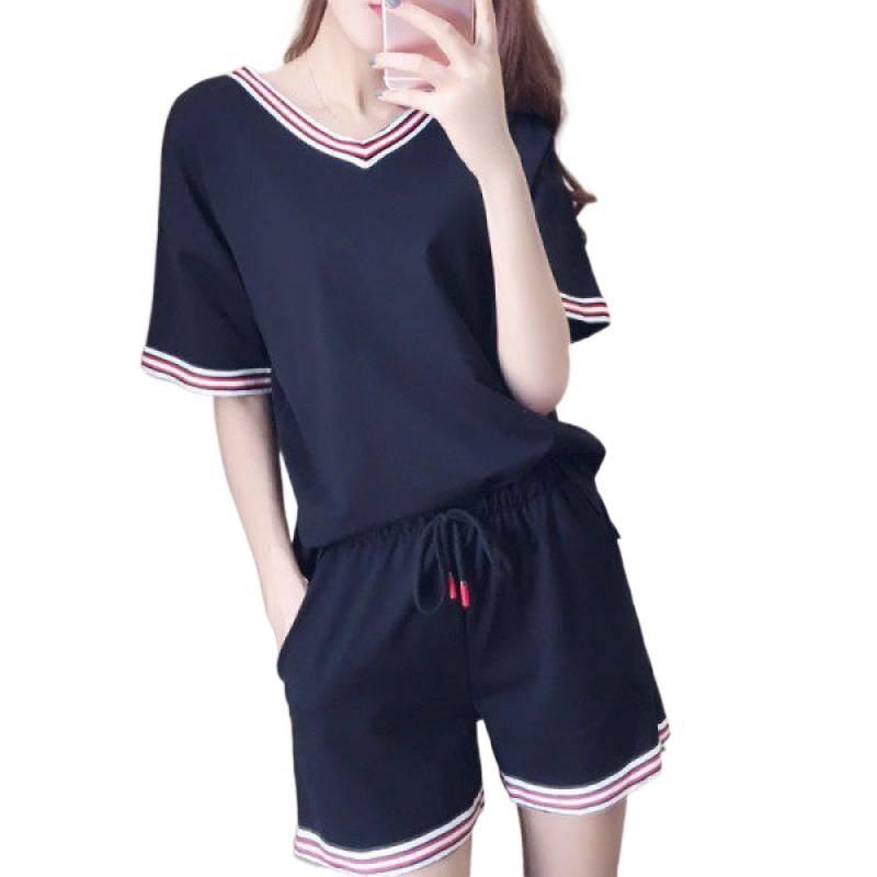 200 Jin Plus Size Women's Casual Summer Suit, Korean Style, Black Loose-Fit Short Sleeve Shorts Two-Piece Set